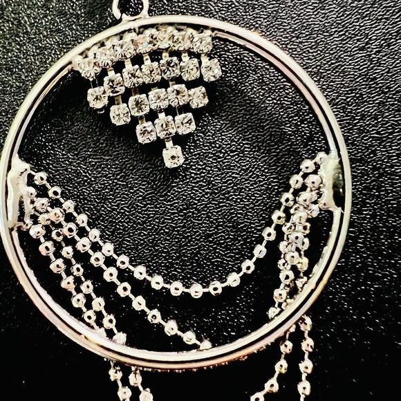 Rhinestone Dangle Earrings Drop Pierced Silver Tone Circle Bead Chains 2.5” - Picture 7 of 8